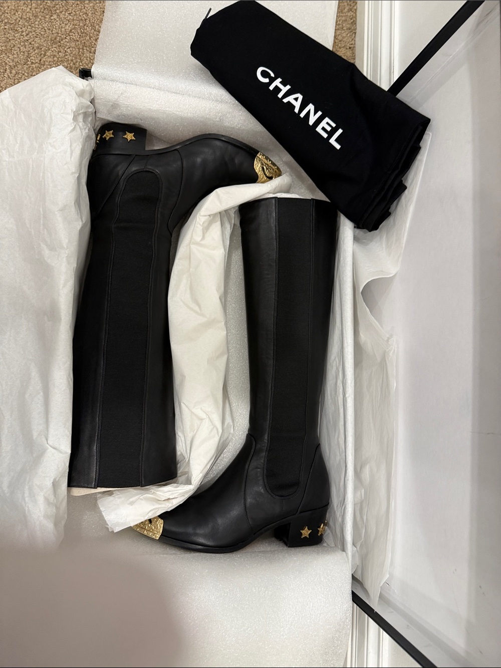 Chanel Runway Black Leather Knee High Boots Gold CC Cap Toe Western Hardware 37 - Picture 13 of 13